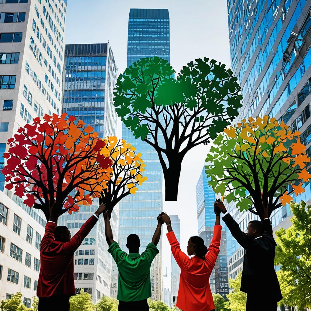 A vibrant illustration of diverse people working together, each contributing unique skills in a colorful urban setting, symbolizing collaboration and community spirit. Include elements like gears interlocking, hands shaking, and hearts intertwined to represent connections. The background should feature trees and buildings, symbolizing social impact and growth. super-realistic. vibrant colors. white background.