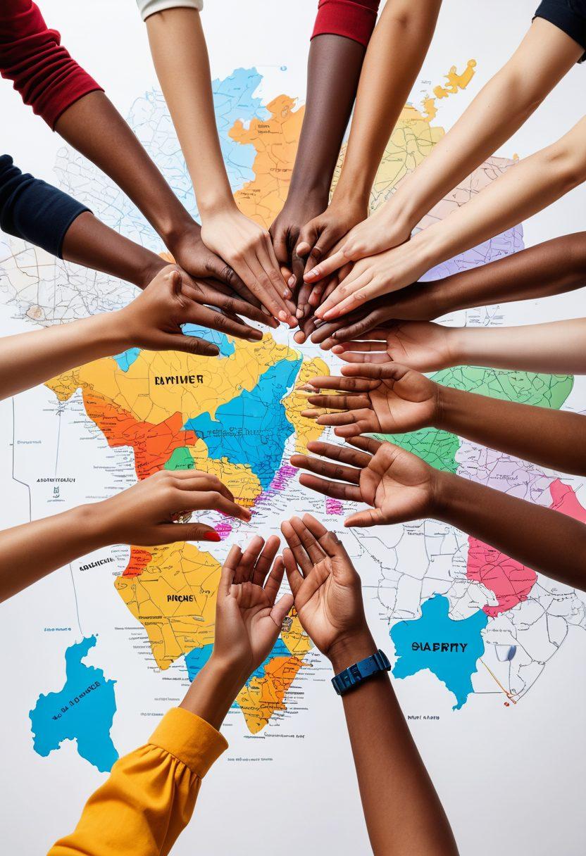 A vibrant community gathering showcasing diverse individuals collaborating on humanitarian projects, with maps and aid supplies in the background. Include symbols of empathy like heart icons and hands joining together, representing local efforts impacting international relief. The atmosphere should be warm and inviting, with bright colors and a sense of unity. super-realistic. vibrant colors. white background.