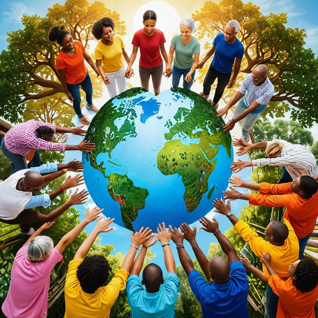 A diverse group of people from different cultures working together on a large, symbolic bridge made of hands, representing compassion and community engagement. Below the bridge, vibrant symbols of global philanthropy and social impact, such as hearts, trees, and globes, can be seen. The background showcases a blend of urban and natural landscapes, signifying unity and progress. The scene is filled with warm sunlight to evoke a sense of hope and collaboration. super-realistic. vibrant colors.